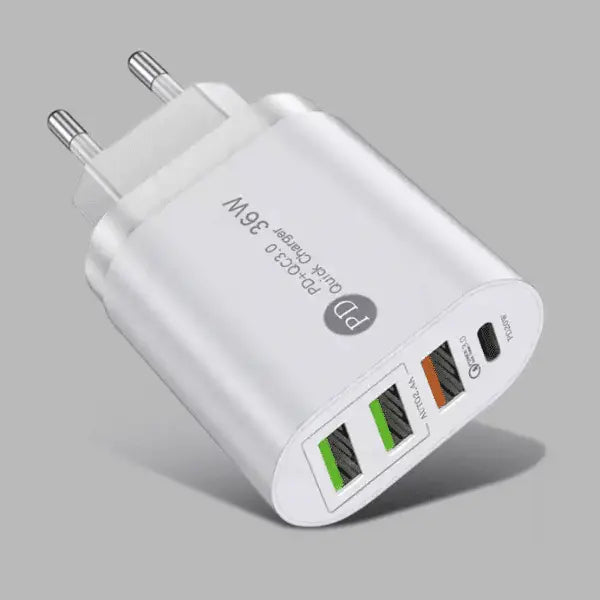 USB-C wall charger with four ports delivering up to 25W charging
