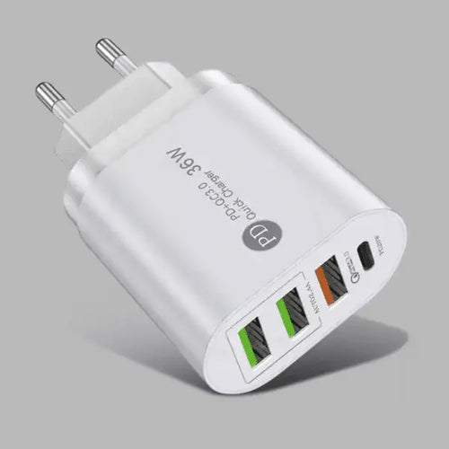 USB-C wall charger with four ports delivering up to 25W charging